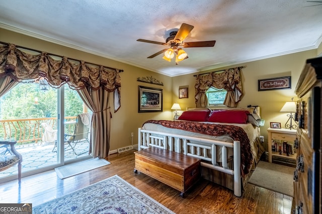 bedroom featuring hardwood / wood-style flooring, access to outside, a textured ceiling, crown molding, and ceiling fan