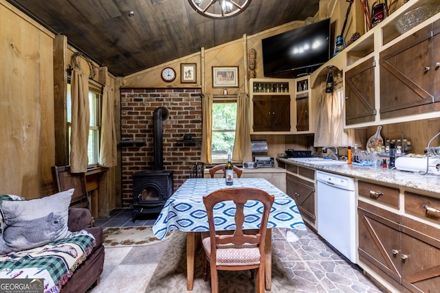 kitchen with wooden walls, vaulted ceiling, a wood stove, wood ceiling, and dishwasher