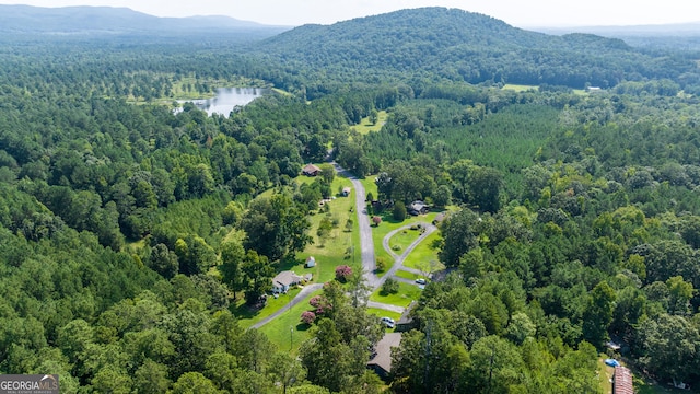 aerial view featuring a water and mountain view