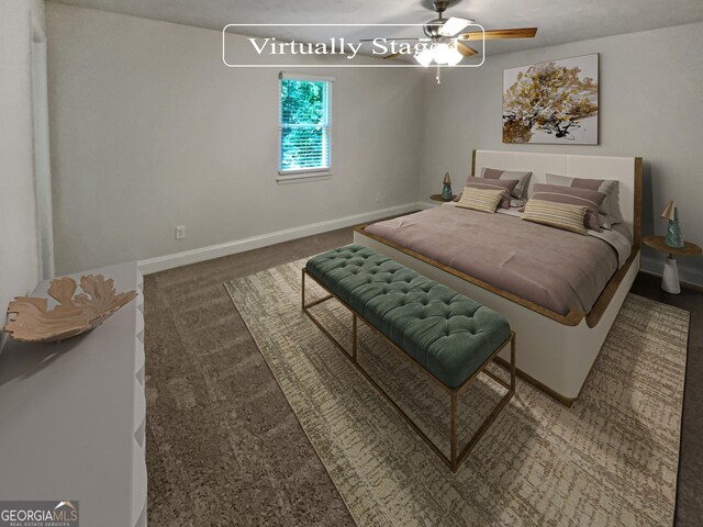 carpeted bedroom featuring ceiling fan