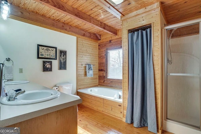 full bathroom featuring beamed ceiling, wood ceiling, wooden walls, hardwood / wood-style floors, and plus walk in shower