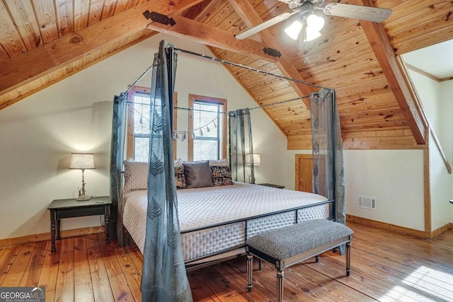 bedroom featuring wooden ceiling, hardwood / wood-style flooring, and lofted ceiling with beams