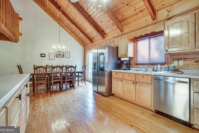 kitchen with appliances with stainless steel finishes, beam ceiling, light brown cabinetry, wooden ceiling, and light hardwood / wood-style floors