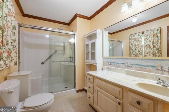 bathroom featuring tile patterned flooring, a shower with door, crown molding, toilet, and vanity