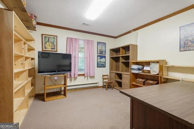 carpeted office with baseboard heating, ornamental molding, and a textured ceiling