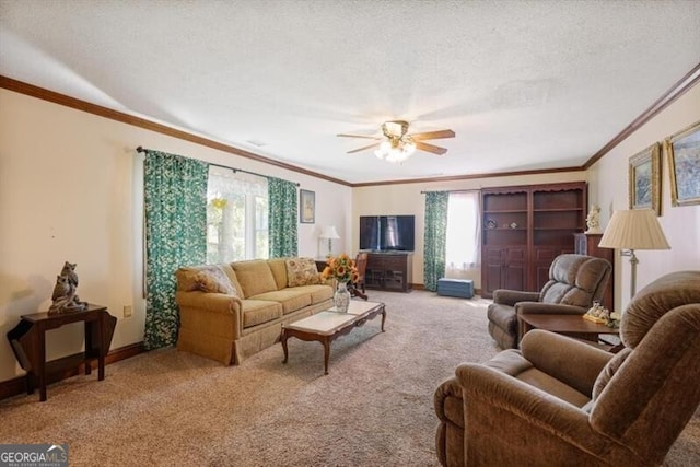 living room with light carpet, a textured ceiling, crown molding, and ceiling fan