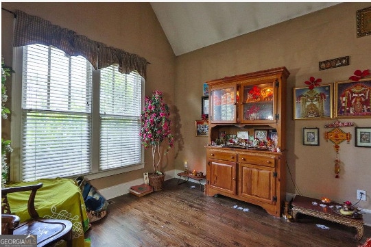 misc room featuring dark wood-type flooring and vaulted ceiling