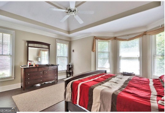 bedroom with ceiling fan and a raised ceiling