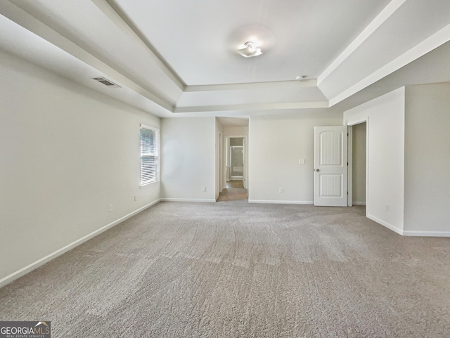 empty room with light colored carpet and a raised ceiling