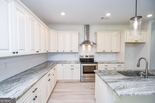 kitchen featuring light hardwood / wood-style flooring, stainless steel range with electric cooktop, wall chimney exhaust hood, decorative backsplash, and sink