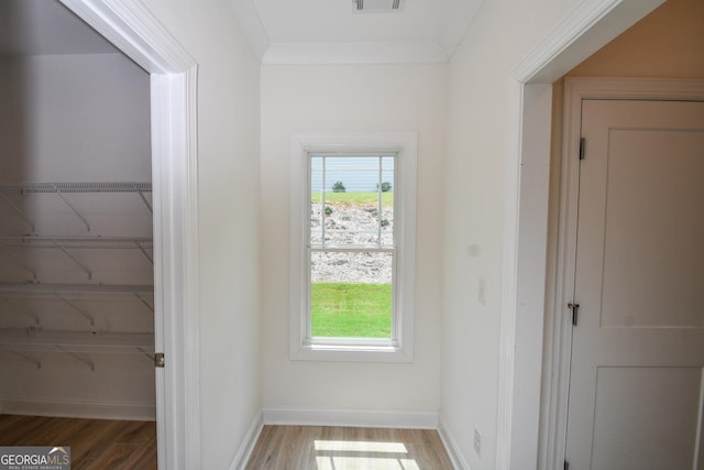 doorway with crown molding and wood-type flooring