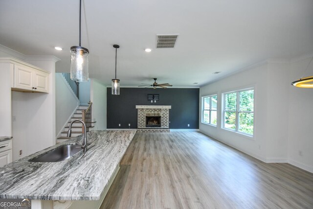 unfurnished living room featuring ornamental molding, sink, a fireplace, and hardwood / wood-style floors