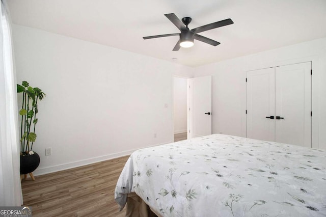 bedroom featuring ceiling fan, hardwood / wood-style floors, and a closet