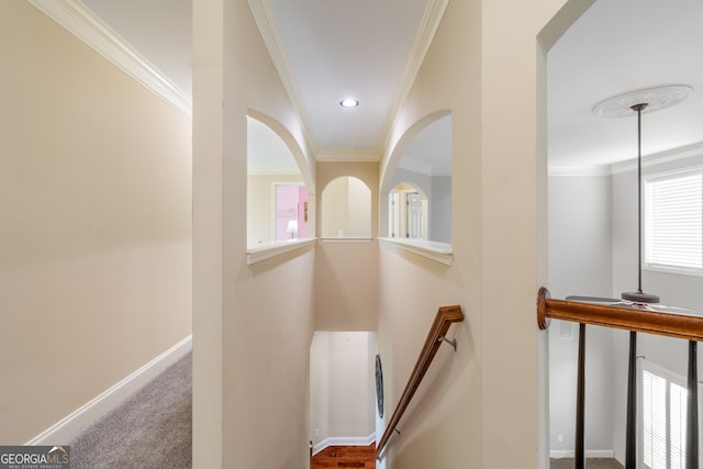 hall with ornamental molding and a wealth of natural light