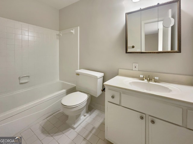 full bathroom featuring tile patterned floors, vanity, tiled shower / bath combo, and toilet