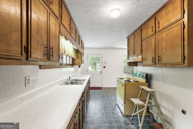 kitchen with sink, electric stove, a textured ceiling, and dark tile patterned flooring