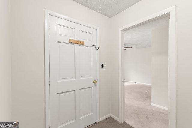 doorway to outside featuring light carpet and a textured ceiling