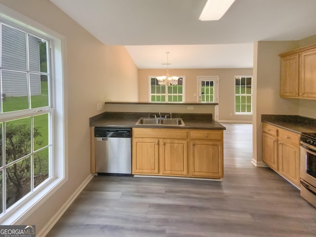 kitchen featuring appliances with stainless steel finishes, sink, hanging light fixtures, hardwood / wood-style flooring, and a notable chandelier