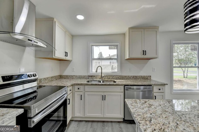 kitchen with sink, a healthy amount of sunlight, stainless steel appliances, and wall chimney exhaust hood