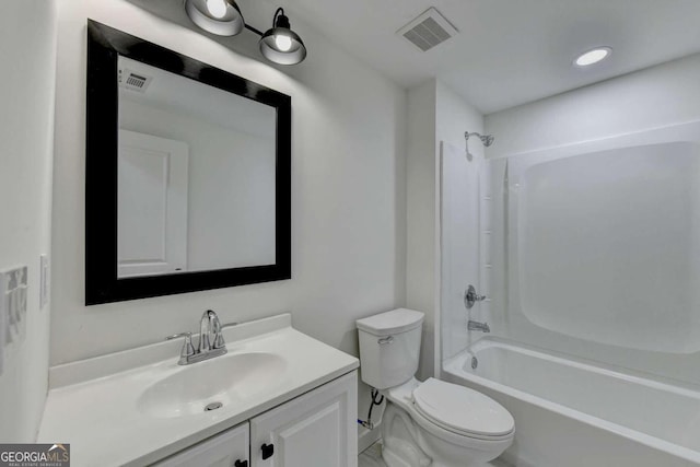 full bathroom featuring shower / bathtub combination, toilet, and vanity