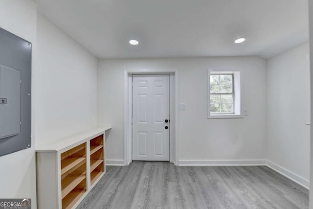 interior space featuring light wood-type flooring and electric panel