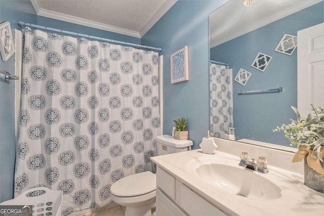 bathroom with toilet, crown molding, vanity, a textured ceiling, and a shower with curtain