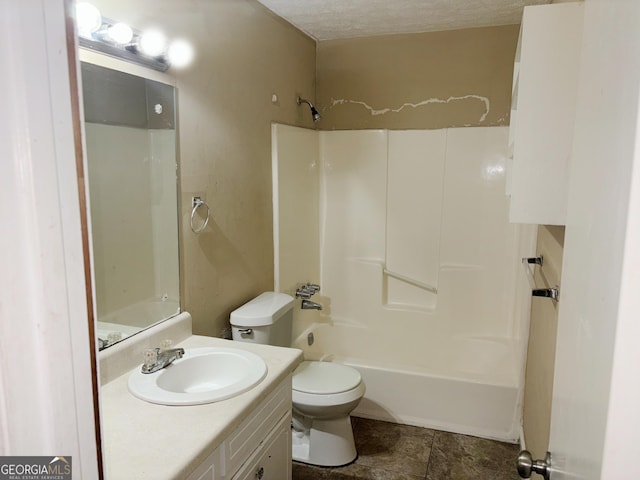 full bathroom with a textured ceiling, toilet, vanity, and bathing tub / shower combination