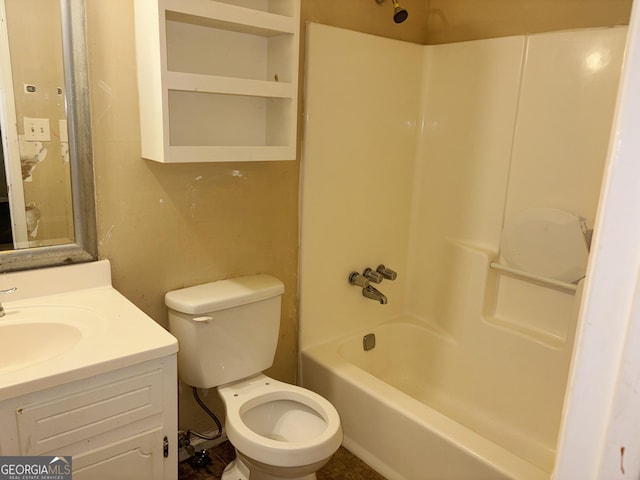 full bathroom with vanity, toilet, and washtub / shower combination