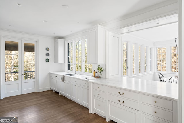 interior space featuring dark wood-type flooring, a wealth of natural light, white cabinets, and sink