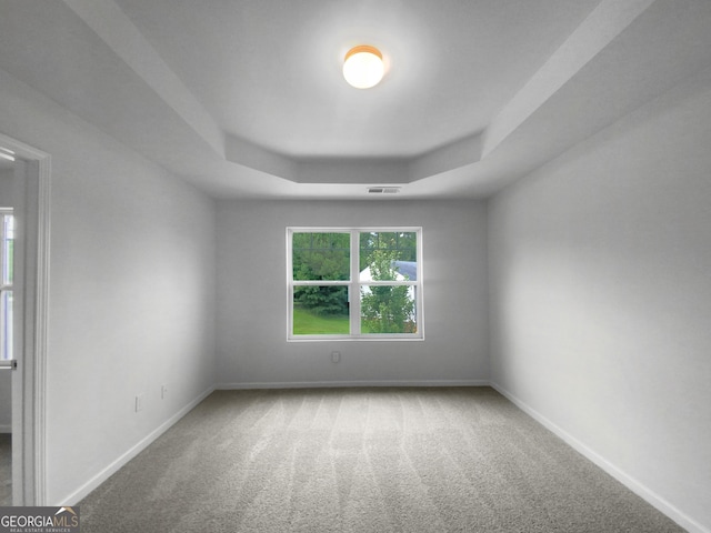 carpeted empty room with a raised ceiling