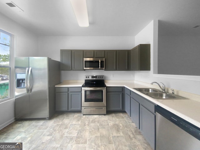 kitchen with stainless steel appliances, sink, and gray cabinetry