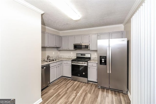 kitchen with sink, gray cabinetry, light hardwood / wood-style flooring, ornamental molding, and appliances with stainless steel finishes