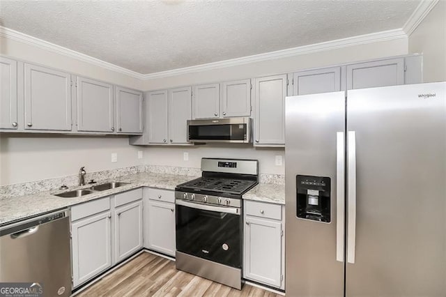 kitchen with sink, crown molding, a textured ceiling, light wood-type flooring, and appliances with stainless steel finishes