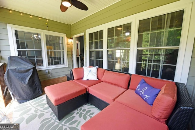 view of patio / terrace with outdoor lounge area, ceiling fan, and a grill