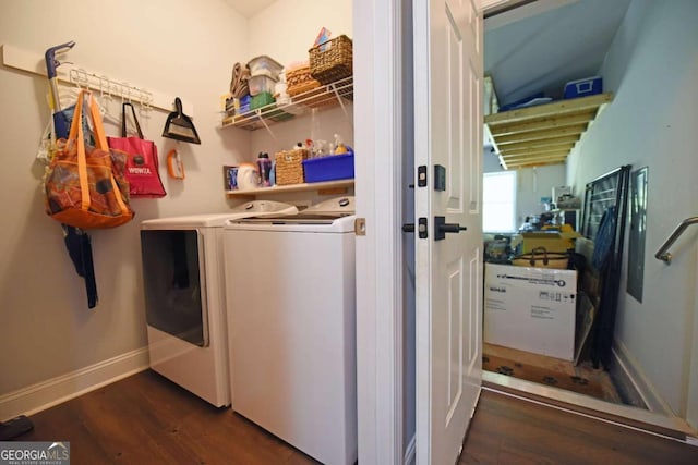 laundry room featuring dark hardwood / wood-style floors and separate washer and dryer