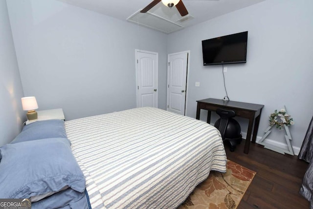 bedroom featuring ceiling fan and hardwood / wood-style flooring