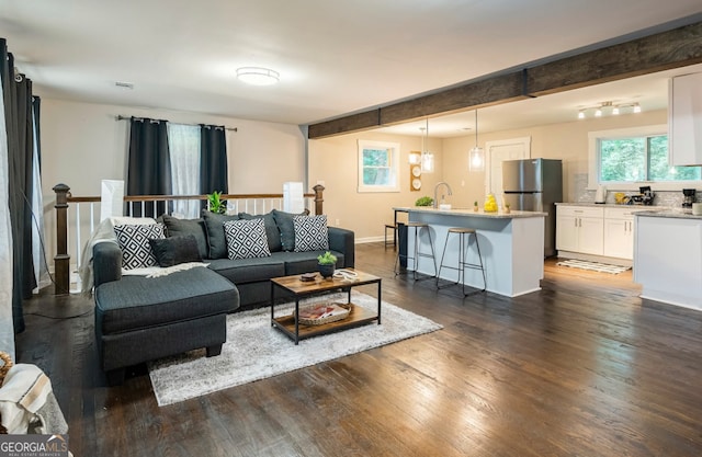 living room featuring dark hardwood / wood-style floors and beamed ceiling