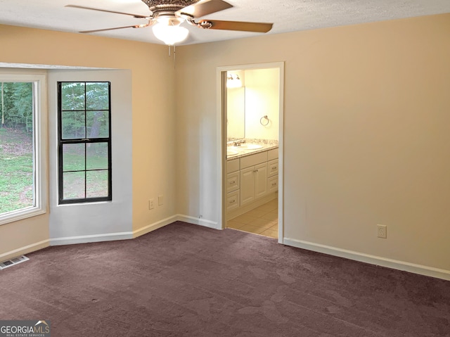 empty room featuring light carpet, sink, a textured ceiling, and ceiling fan