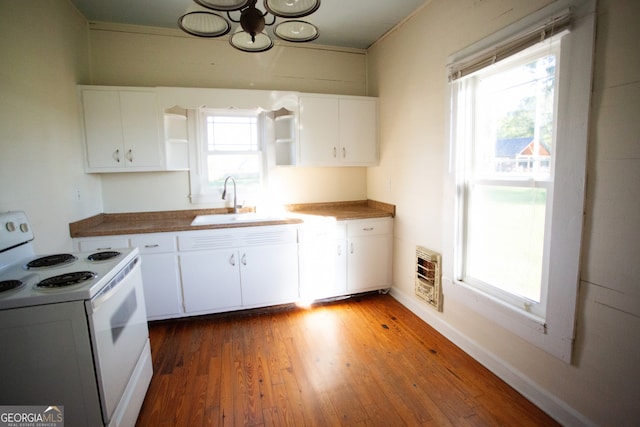 kitchen with white cabinetry, electric stove, a healthy amount of sunlight, and dark hardwood / wood-style floors