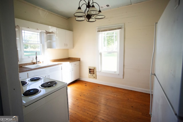 kitchen with white cabinets, sink, plenty of natural light, and white appliances