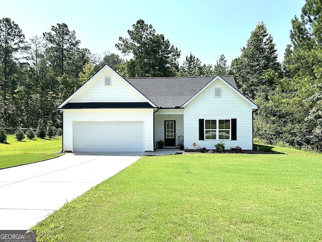 single story home with a garage and a front yard