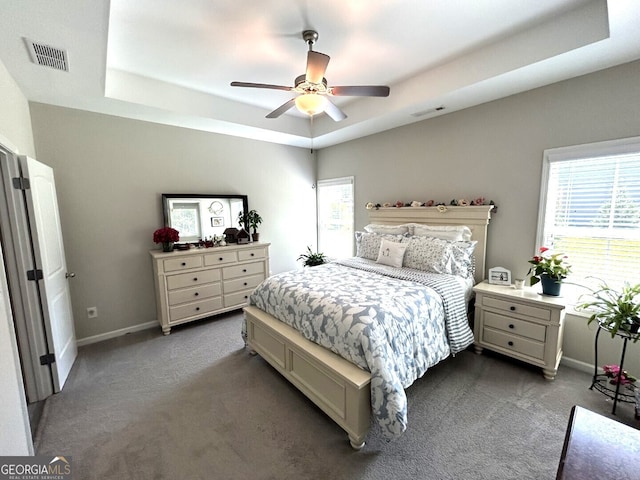 bedroom with multiple windows and a tray ceiling