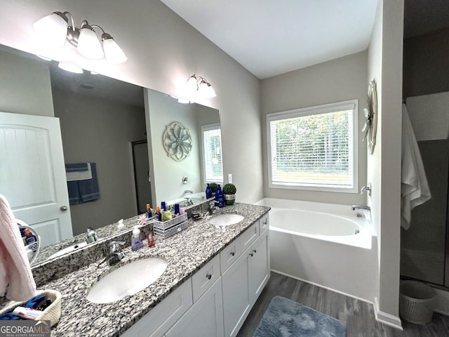 bathroom with double vanity, a washtub, and hardwood / wood-style flooring