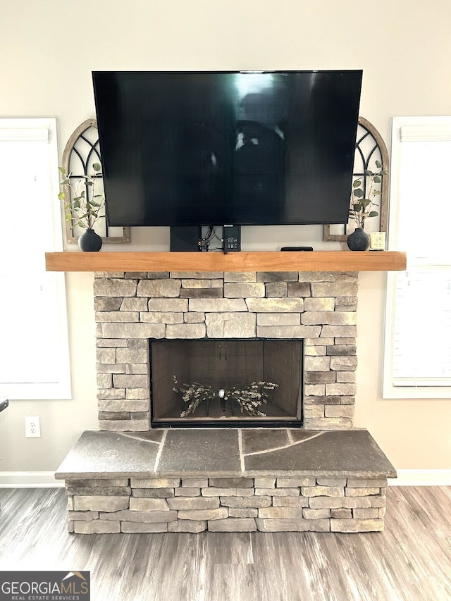 room details featuring hardwood / wood-style flooring and a fireplace