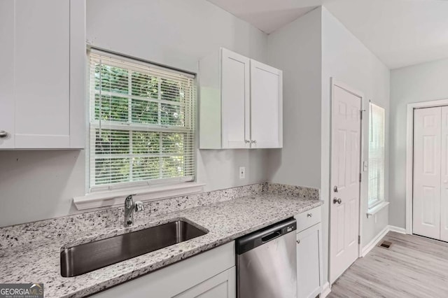 kitchen featuring stainless steel dishwasher, white cabinetry, and plenty of natural light