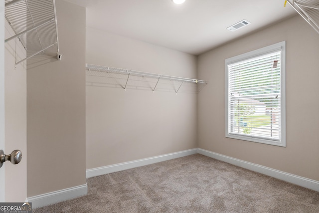 walk in closet featuring light colored carpet