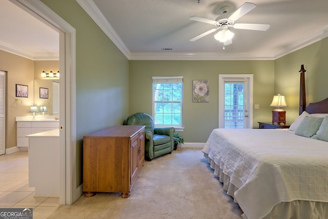 bedroom featuring ensuite bathroom, ceiling fan, ornamental molding, and light colored carpet