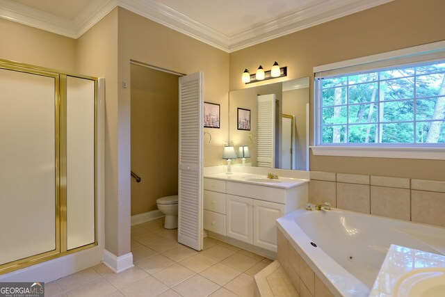 full bathroom featuring plus walk in shower, vanity, ornamental molding, and toilet