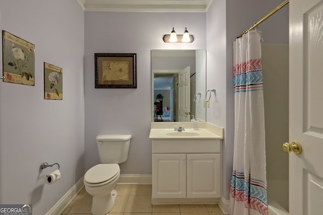 full bathroom featuring vanity, toilet, tile patterned floors, and crown molding