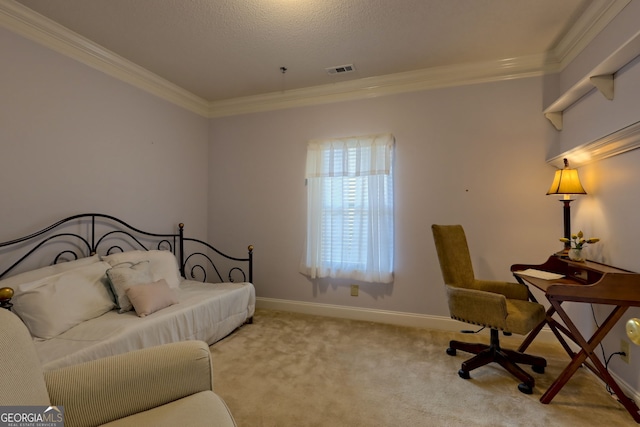 carpeted bedroom featuring crown molding